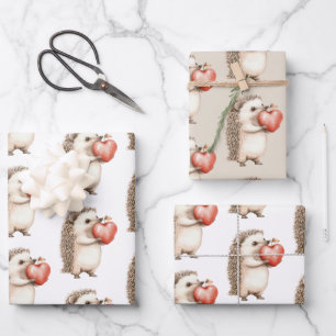 Hedgehog Apple Heart Birthday Wrapping Paper Sheet