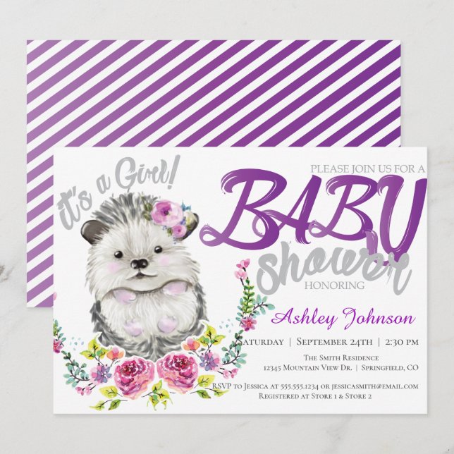 Hedgehog Baby Floral Baby shower Invitation (Front/Back)