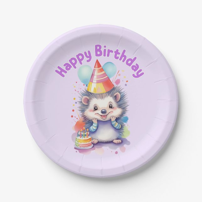 Hedgehog Birthday Whimsical Watercolor Paper Plate (Front)