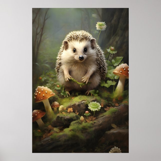 Hedgehog Botanical Wall Print, Forestcore Animal Poster (Front)