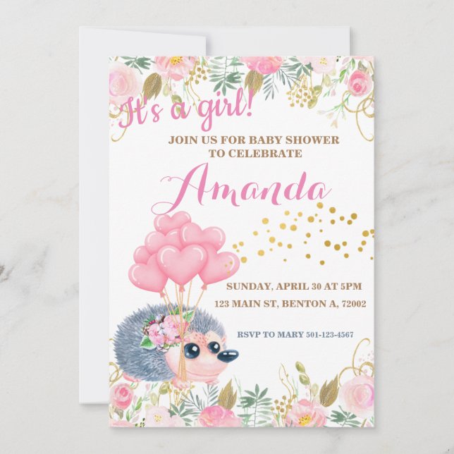 Hedgehog bow balloons pink floral baby shower invitation (Front)