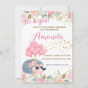 Hedgehog bow balloons pink floral baby shower invitation