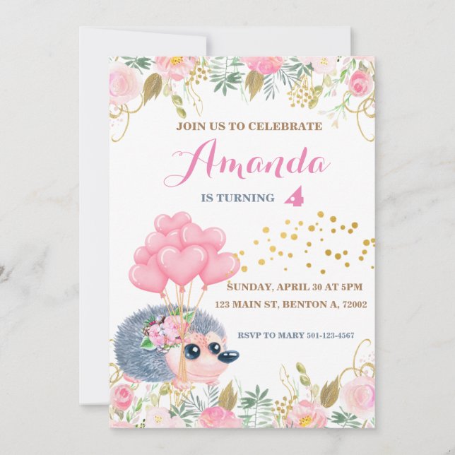 Hedgehog bow balloons pink floral birthday animals invitation (Front)