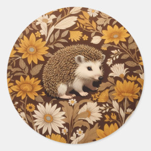 Hedgehog Brown Floral William Morris Inspired Classic Round Sticker