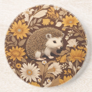 Hedgehog Brown Floral William Morris Inspired Coaster
