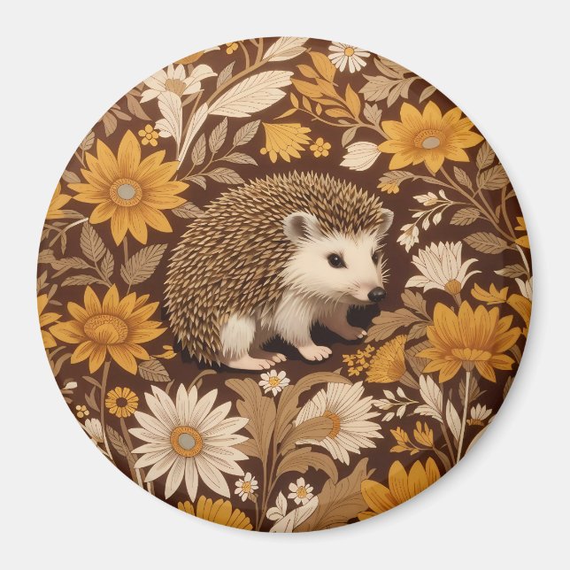 Hedgehog Brown Floral William Morris Inspired Magnet (Front)