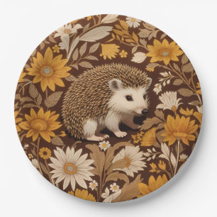 Hedgehog Brown Floral William Morris Inspired Paper Plate