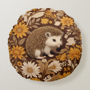 Hedgehog Brown Floral William Morris Inspired Round Cushion