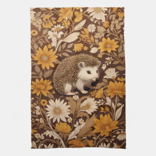 Hedgehog Brown Floral William Morris Inspired Tea Towel