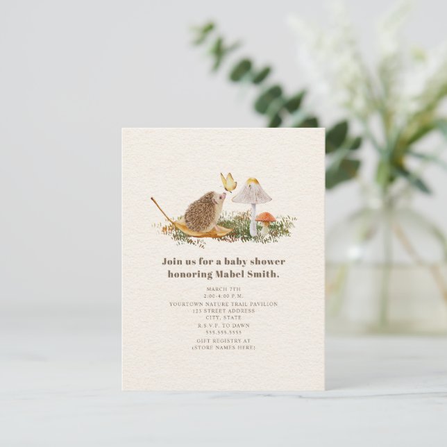 Hedgehog Butterfly Mushroom Woodland Baby Shower Invitation (Standing Front)