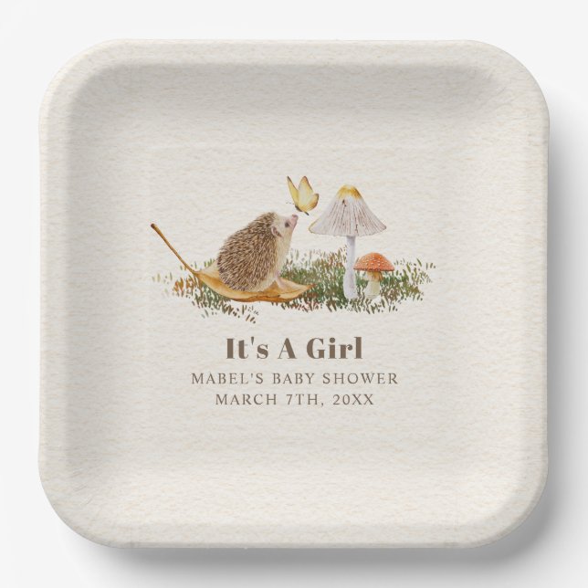 Hedgehog Butterfly Mushroom Woodland Baby Shower Paper Plate (Front)