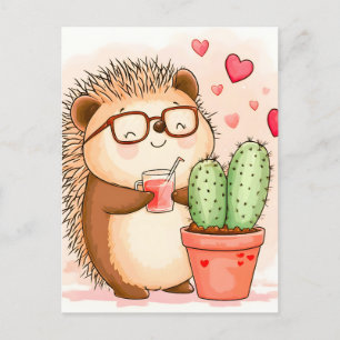 Hedgehog Cactus Cheers Watercolor Announcement Postcard