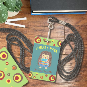 Hedgehog carrying books library hall pass ID badge