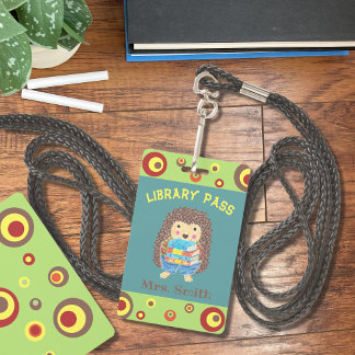 Hedgehog carrying books library hall pass ID badge