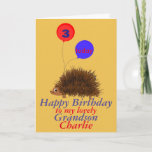 Hedgehog cartoon Birthday Grandson add name age Card<br><div class="desc">Childs birthday card,  change the name and age on front,  change the relationship if required,  and add any extra message and names inside. A cute cartoon hedgehog with a smile,  big eyes,  and holding balloons with age. For Grandson.</div>