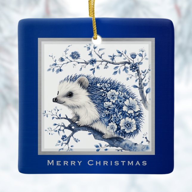 Hedgehog Chinoiserie Blue Toile Floral Christmas Ceramic Ornament (Creator Uploaded)