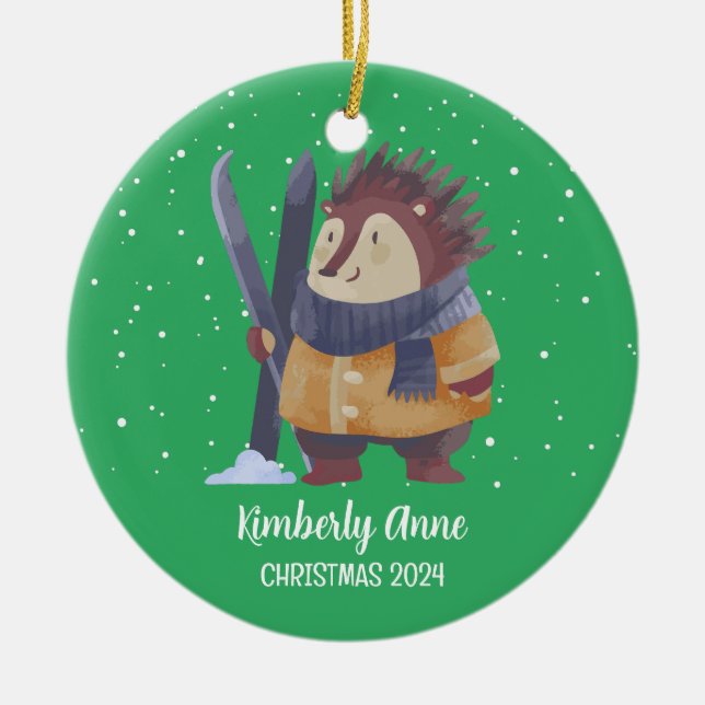 Hedgehog Christmas Animal Snowy Winter Holiday Ceramic Tree Decoration (Front)