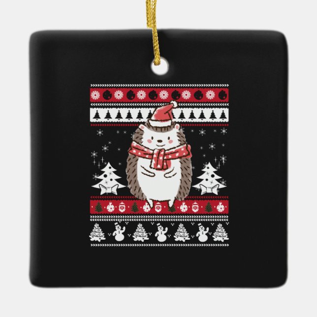 Hedgehog Christmas Ceramic Ornament (Front)