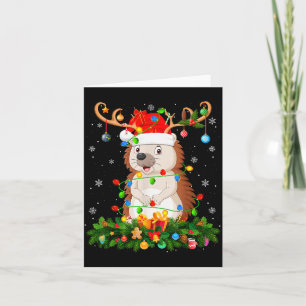 Hedgehog Christmas Lights Reindeer Santa Hat Adult Card
