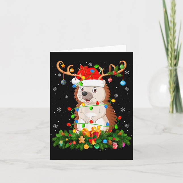 Hedgehog Christmas Lights Reindeer Santa Hat Adult Card (Front)