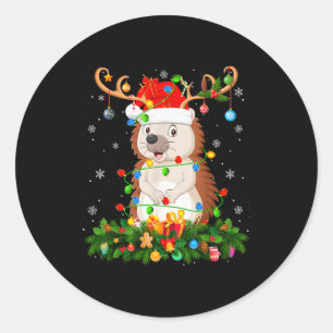 Hedgehog Christmas Lights Reindeer Santa Hat Adult Classic Round Sticker