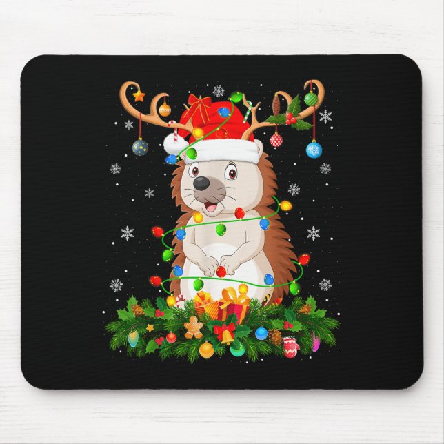 Hedgehog Christmas Lights Reindeer Santa Hat Adult Mouse Mat (Front)