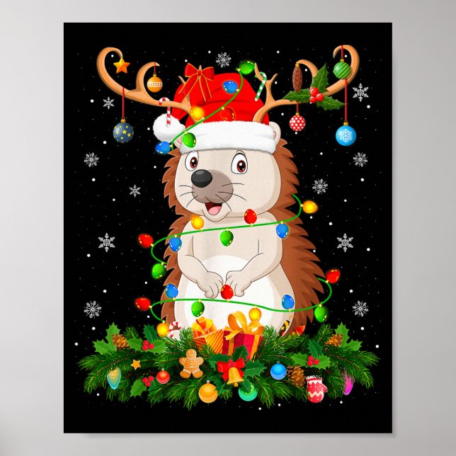 Hedgehog Christmas Lights Reindeer Santa Hat Adult Poster (Front)