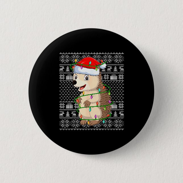 Hedgehog Christmas Lights Ugly Sweater Funny Santa 6 Cm Round Badge (Front)