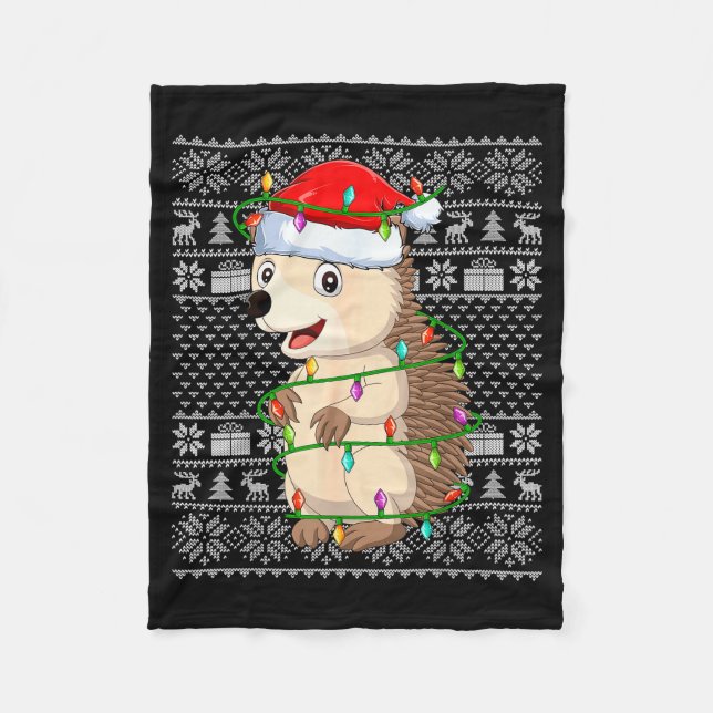 Hedgehog Christmas Lights Ugly Sweater Funny Santa Fleece Blanket (Front)