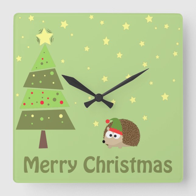 Hedgehog Christmas Scene Square Wall Clock (Front)