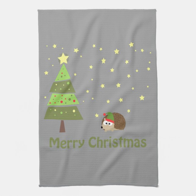Hedgehog Christmas Scene Tea Towel (Vertical)