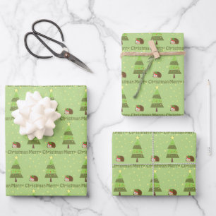 Hedgehog Christmas Scene Wrapping Paper Sheet