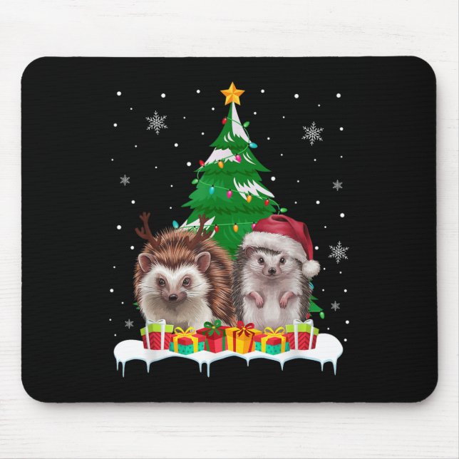 Hedgehog Christmas Tree Lights Santa Reindeer Xmas Mouse Mat (Front)