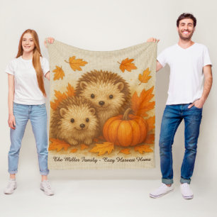hedgehog - cosy harvest home & family name script fleece blanket