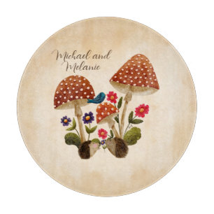 Hedgehog Couple with Mushrooms and Flowers Cutting Board