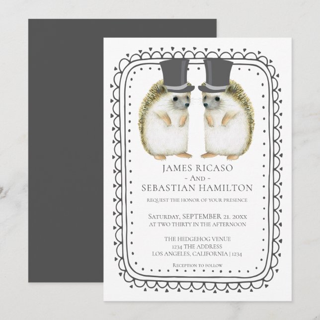 Hedgehog Cute Gay Grooms Wedding Invitation (Front/Back)