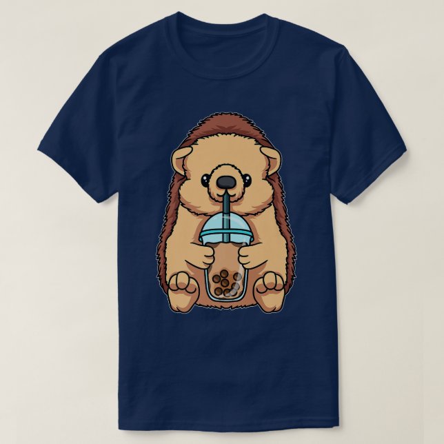 Hedgehog Drinking Bubble Tea Cute Animals With Bob T-Shirt (Design Front)