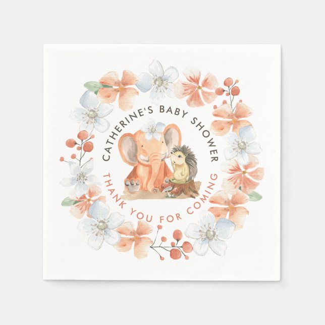 Hedgehog Elephant Thank You Name Girl Baby Shower Napkin (Front)