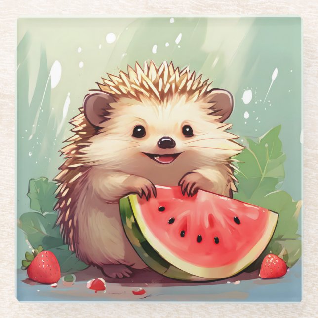  Hedgehog enjoying a piece of watermelon Glass Coaster (Front)