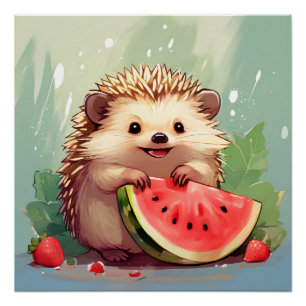 Hedgehog enjoying a piece of watermelon Poster