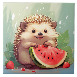 Hedgehog enjoying a piece of watermelon Tile