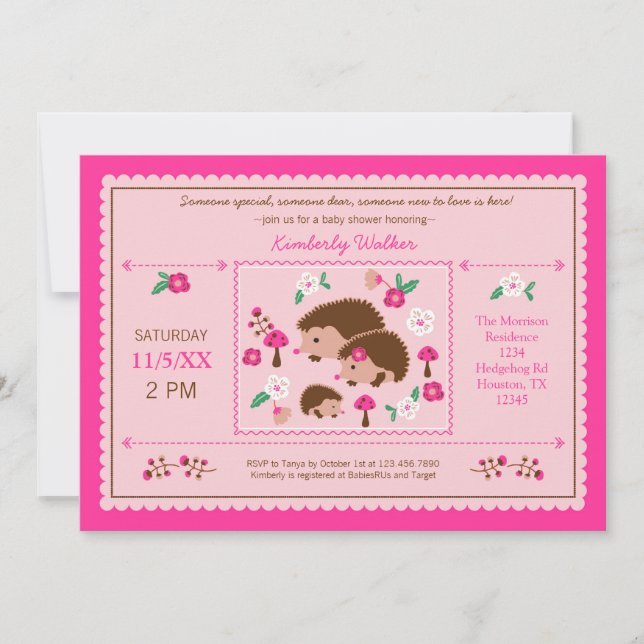 Hedgehog Family Baby Girl Shower Invitation (Front)