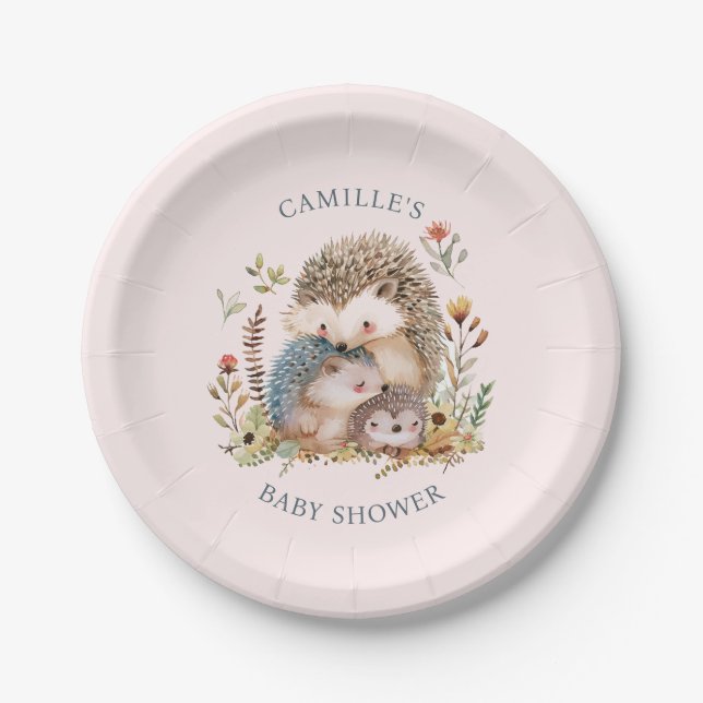 Hedgehog Family Baby Shower Paper Plate (Front)