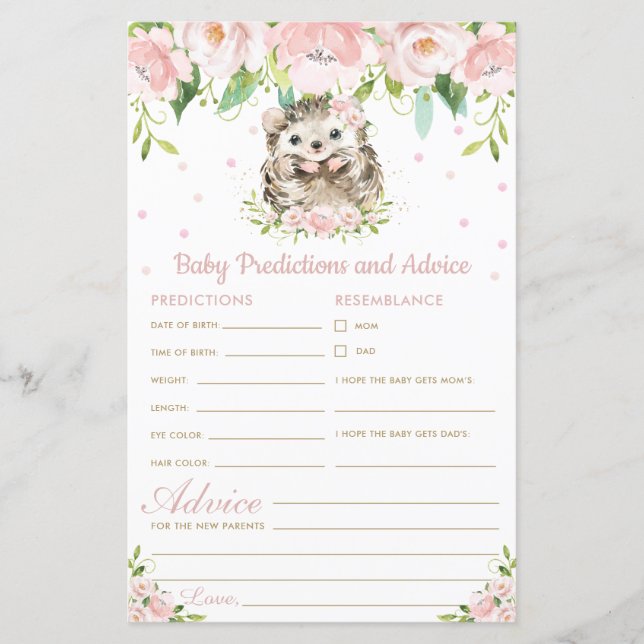 Hedgehog Floral Baby Predictions & Advice Shower (Front)