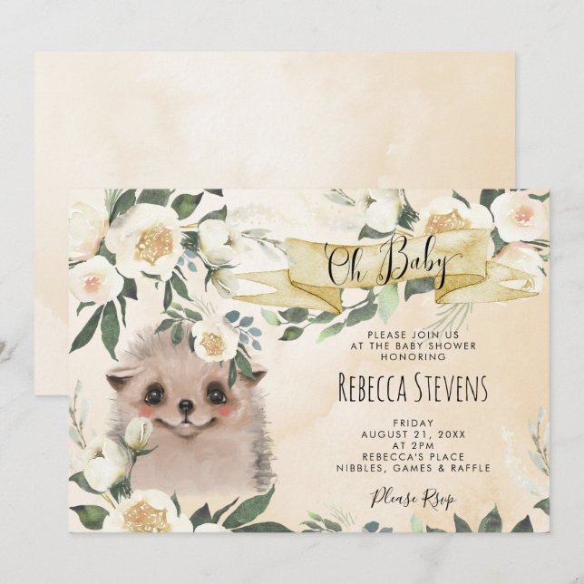 hedgehog floral neutral baby shower invitation (Front/Back)