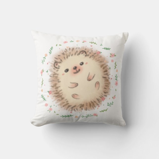 Hedgehog & Flowers Illustration Cushion (Front)