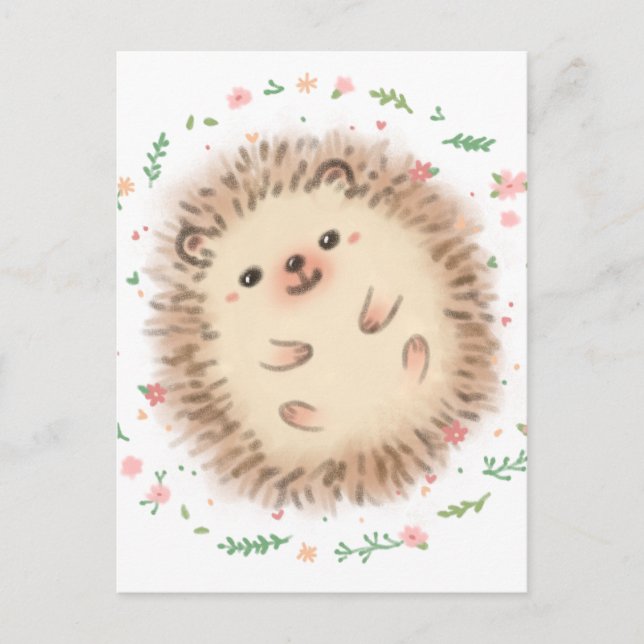 Hedgehog & Flowers Illustration Postcard (Front)