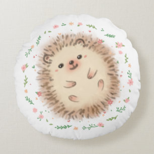 Hedgehog & Flowers Illustration Round Cushion