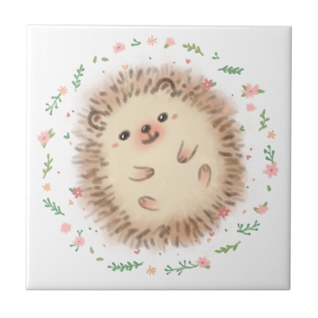 Hedgehog & Flowers Illustration Tile (Front)