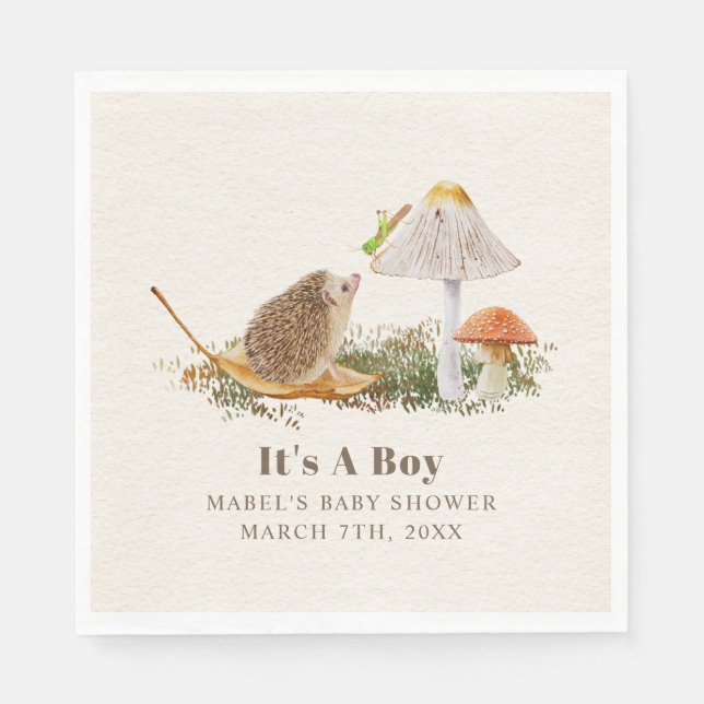 Hedgehog Grasshopper Mushroom Woodland Baby Shower Napkin (Front)